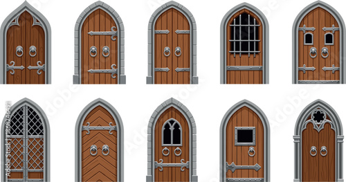 Medieval castle doors set with wooden gothic arched entries, stone frames, and iron hardware for game design