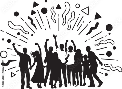 Silhouettes of people celebrating with abstract shapes