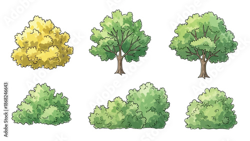 Watercolor tree icon set, yellow hand drawn bush top view, vector green architecture map design kit. Garden park abstract sign, nature environment plan landscape layout object. Flat tree top crown art
