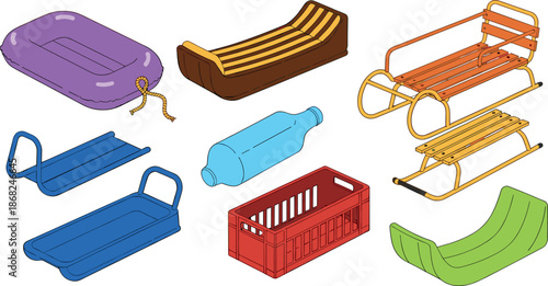 Winter sleds and snow sliders collection with various types of plastic toboggans, wooden sledges, and snow tubes