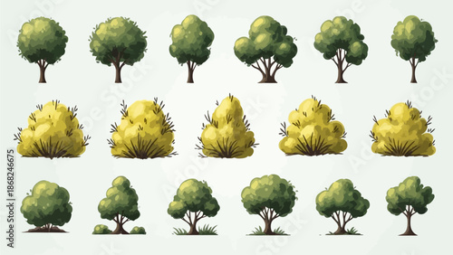 Watercolor tree icon set, yellow hand drawn bush top view, vector green architecture map design kit. Garden park abstract sign, nature environment plan landscape layout object. Flat tree top crown art