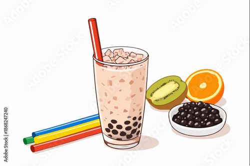 Milky boba tea presented with fruit slices and pearl grains.