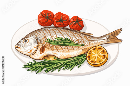 Whole fish seared on the grill and fresh garnishes on the side.