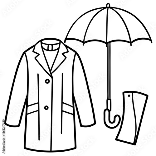Raincoat and umbrella line art vector