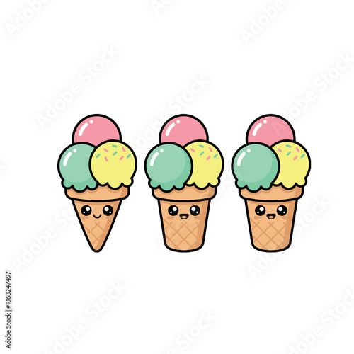 A set of three adorable kawaii ice cream cone characters in a waffle cone. Each cone has a different flavor scoop (strawberry pink, mint green, lemon yellow) with sprinkles and a smiling face.