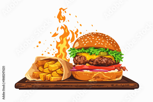 Delicious hamburger cooking on the grill with crispy french fries on the side.
