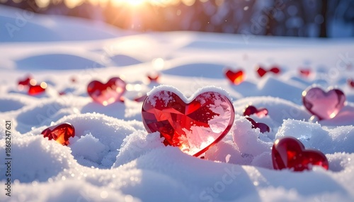 ハート型の小さな色とりどりのかわいい水晶がたくさん雪に埋もれている。