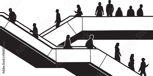 Silhouettes of people on escalators in a station
