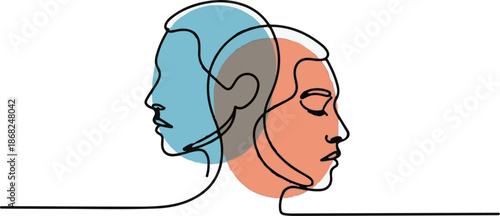 Abstract single-line drawing of two profiles, facing away, with colored circles