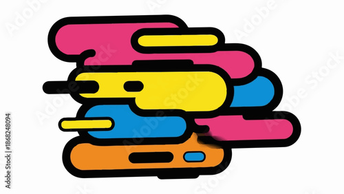 Abstract stacking of colorful rounded shapes, black outlines, white background