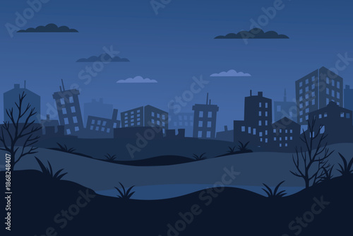 Destroyed City Landscape at Night After War