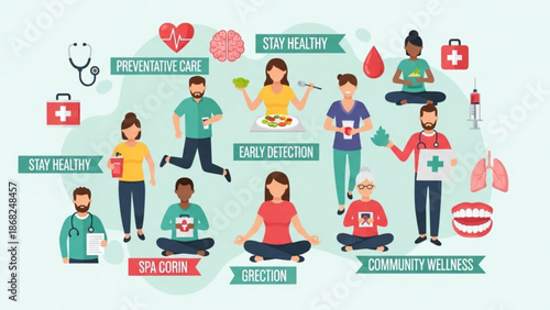 Diverse people practicing wellness and preventive care illustration for health and medical concepts community and healthy lifestyle
