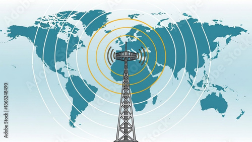 Global communication tower broadcasting signals across a world map representing international connectivity and network technology digital concept