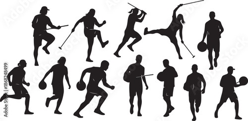 Silhouettes of athletes in various sports actions