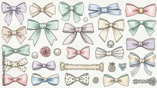 Watercolor bow set, hand drawn cute girly vector vintage hair accessories clipart, romantic ribbon. Wedding holiday jewellery, silk fashion decoration, cartoon sticker. Retro watercolor bow collection