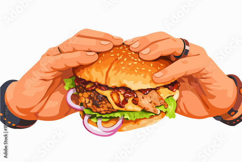 A large hamburger held firmly with both hands and overflowing with ingredients.