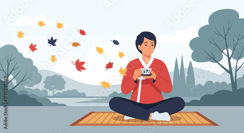 Illustration of person in traditional korean clothing meditating outdoors with falling autumn leaves and a serene landscape