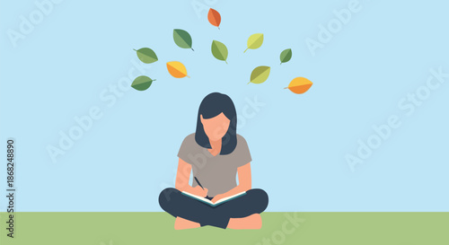 Illustration of woman sitting crosslegged on grass writing in a notebook with leaves floating above her head