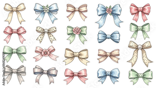Watercolor bow set, hand drawn cute girly vector vintage hair accessories clipart, romantic ribbon. Wedding holiday jewellery, silk fashion decoration, cartoon sticker. Retro watercolor bow collection