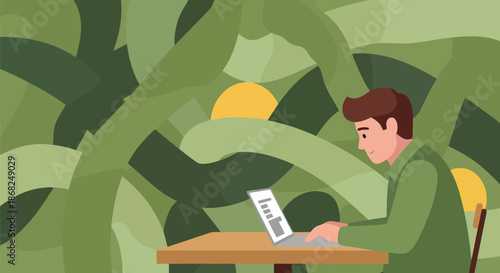 Illustration of man working on a laptop at a table with a green abstract background and a yellow sun, representing remote work or study