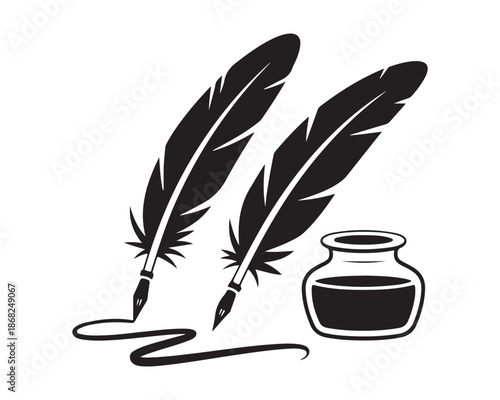 Vintage feather pen and inkwell illustration