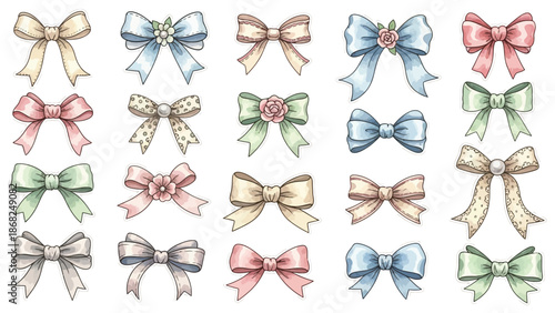 Watercolor bow set, hand drawn cute girly vector vintage hair accessories clipart, romantic ribbon. Wedding holiday jewellery, silk fashion decoration, cartoon sticker. Retro watercolor bow collection