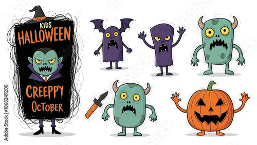 Kids Halloween scribble, cartoon spooky holiday cute doodle set, childish naive scary monsters print. Hand drawn vector autumn creepy October celebration character, vampire, zombie. Kids Halloween art