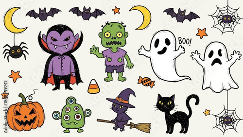 Kids Halloween scribble, cartoon spooky holiday cute doodle set, childish naive scary monsters print. Hand drawn vector autumn creepy October celebration character, vampire, zombie. Kids Halloween art