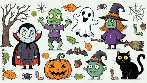 Kids Halloween scribble, cartoon spooky holiday cute doodle set, childish naive scary monsters print. Hand drawn vector autumn creepy October celebration character, vampire, zombie. Kids Halloween art