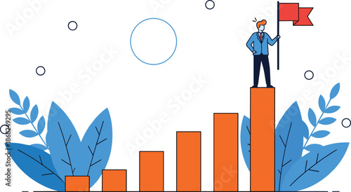 Business growth success concept illustration with man holding flag on rising bar chart, achievement leadership strategy progress vector design branding