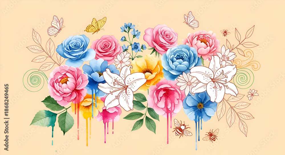 Obraz premium Vibrant floral design with watercolor roses, lilies, and delicate butterflies fluttering around, perfect for spring greetings or elegant invitations