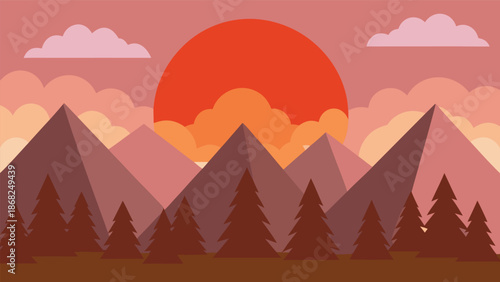 Warm Hues of Sundown Bathe Peaceful Mountainous Forest Scenery