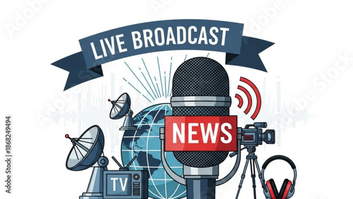 Live broadcast news concept with microphone globe camera and satellite dishes vector illustration for media and communication