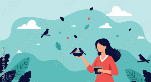 Illustration of woman feeding birds in a serene natural landscape with rolling hills and a blue sky