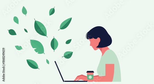 Illustration of woman working on a laptop with a coffee cup, surrounded by flying green leaves, symbolizing nature and work balance