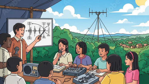 Community radio class teacher instructing students on broadcasting equipment and signal transmission outdoor rural setting with antenna tower