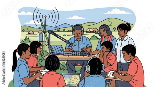 Community radio station broadcasting outdoors people gathered around equipment education and communication concept rural village background