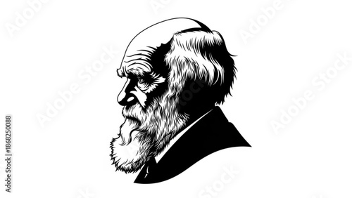 Charles Darwin profile illustration vintage sketch portrait of the famous scientist isolated on white background for educational or historical use