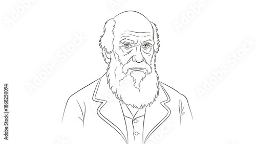 Charles Darwin portrait illustration a line drawing of the famous scientist representing evolution and natural selection isolated on white