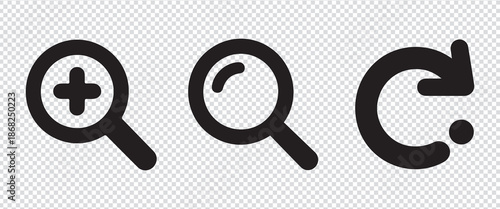 A set of three black outline icons depicting a magnifying glass a circle and a curved arrow