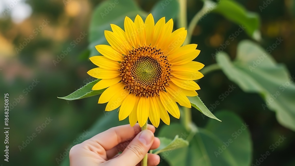 Fototapeta premium Person's hand holding a single bright yellow sunflower with green leaves and a blurred background