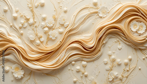 Elegant cream and gold abstract flowing fabric with delicate floral accents image photo