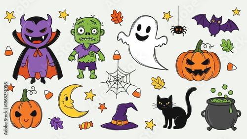 Kids Halloween scribble, cartoon spooky holiday cute doodle set, childish naive scary monsters print. Hand drawn vector autumn creepy October celebration character, vampire, zombie. Kids Halloween art