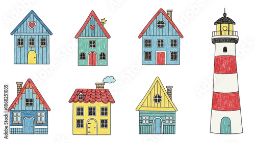 Kids cartoon house doodle set vector crayon lighthouse illustration, hand drawn nordic cute facades. Childish Scandinavian cozy building tower wax crayon texture. Small kids house nursery poster print