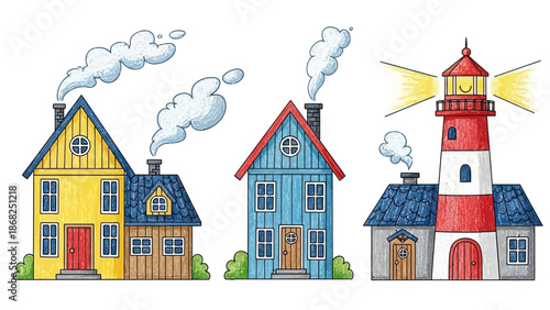 Kids cartoon house doodle set vector crayon lighthouse illustration, hand drawn nordic cute facades. Childish Scandinavian cozy building tower wax crayon texture. Small kids house nursery poster print