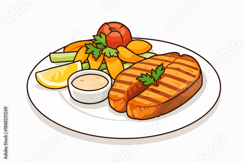 Healthy plate prepared with grilled salmon and boiled vegetables on the side.