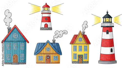 Kids cartoon house doodle set vector crayon lighthouse illustration, hand drawn nordic cute facades. Childish Scandinavian cozy building tower wax crayon texture. Small kids house nursery poster print