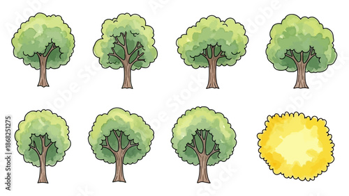 Watercolor tree icon set, yellow hand drawn bush top view, vector green architecture map design kit. Garden park abstract sign, nature environment plan landscape layout object. Flat tree top crown art