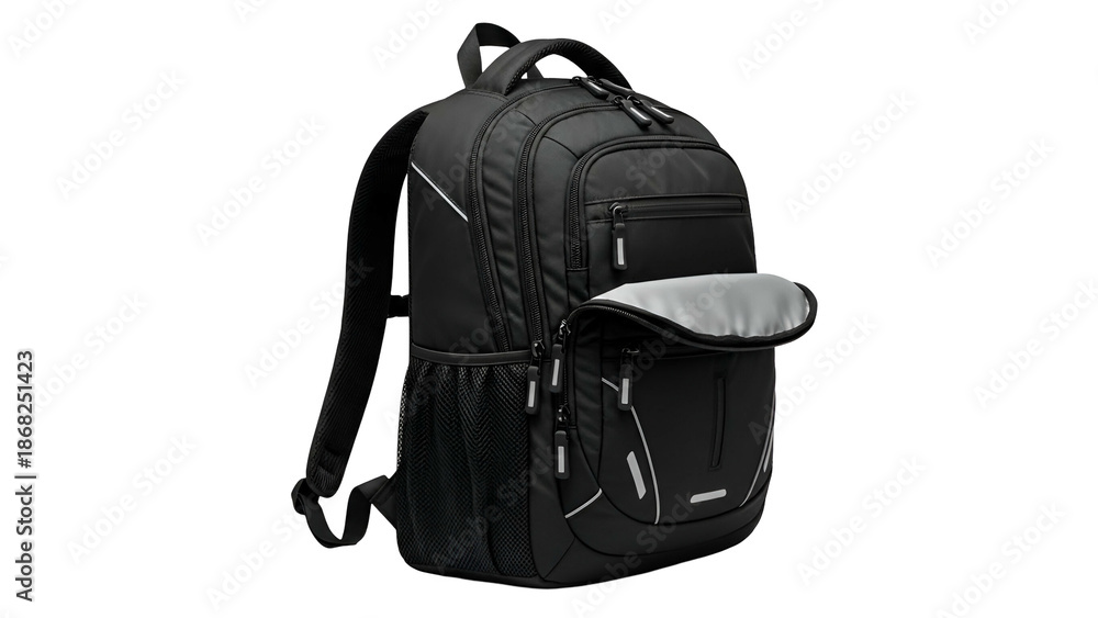 Fototapeta premium Black backpack with multiple compartments, partially open, with reflective accents
