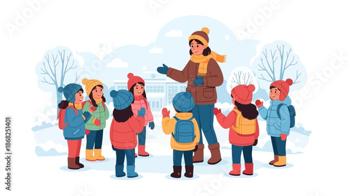Teacher guiding children in winter clothing during a snowy outdoor activity